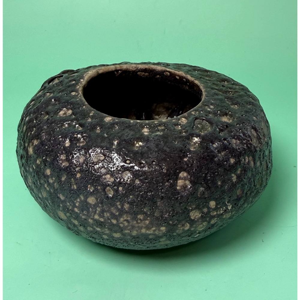 Raku Art Pottery Black Moon Vase Jar Lava Cratered Glaze Signed "MK" Brutalist